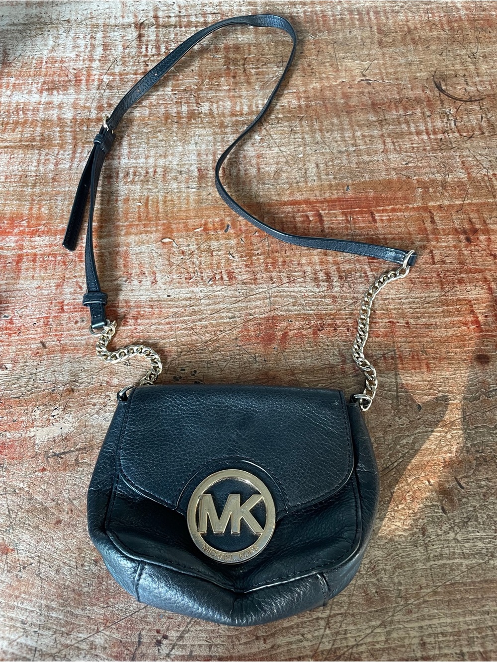 Michael Kors Black Leather Crossbody with Gold MK Emblem